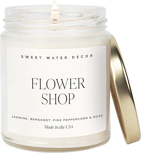 Sweet Water Decor Flower Shop - Vela perfumada de soja, jazmín de soja, bergamota, rosa, mecha de algodón 100 % con 40 horas de tiempo de