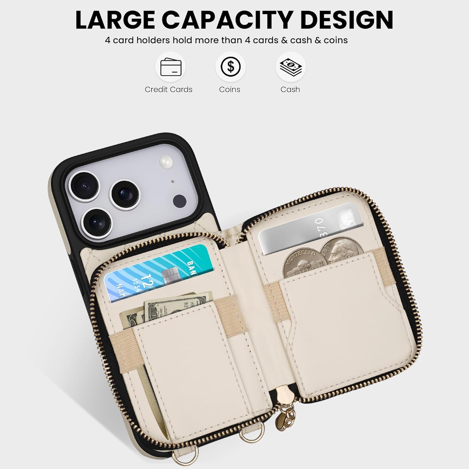 Keallce Case for iPhone 17 Pro 6.3'' Wallet Case, Crossbody Zipper Purse with Wrist Strap Lanyard Handbag, RFID Blocking Card Holders, Kickstand Flip Leather Cover for iPhone 17 Pro, Beige - Image 2