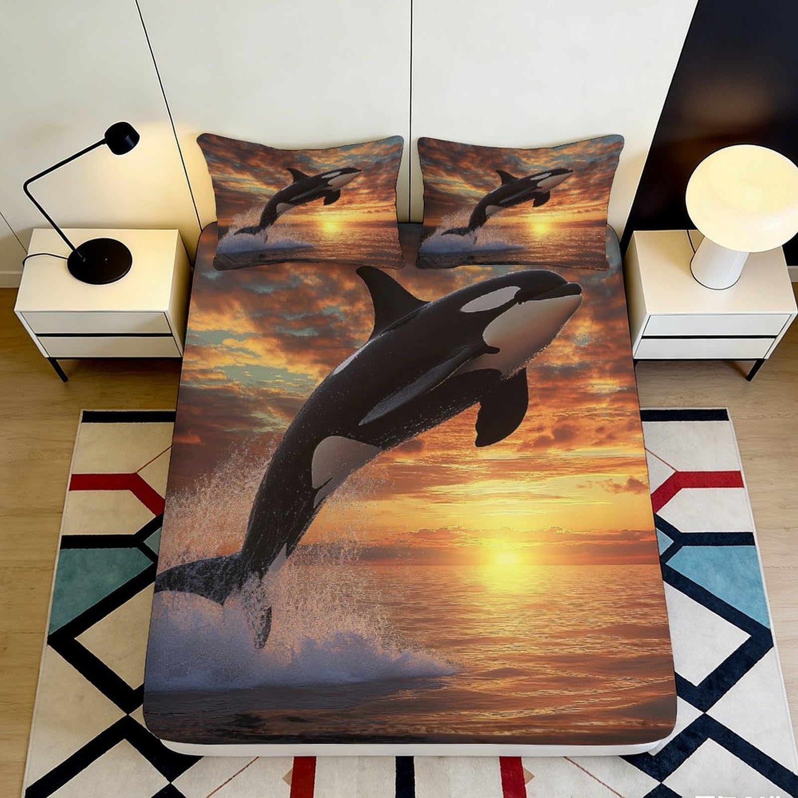 3D Printed Sunset Ocean Fitted Sheet Microfiber Soft Breathable Orca Whale Bed Cover for Bedroom Decor 90x200x25cm