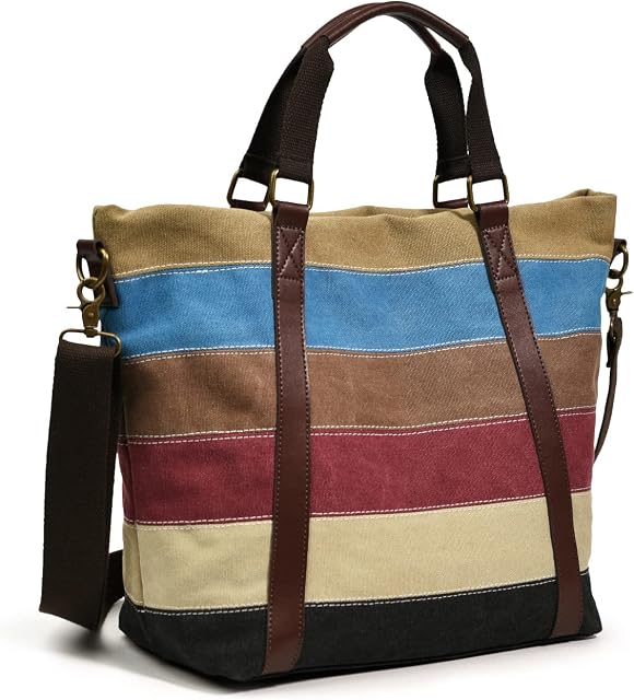 CHEREEKI Handbags for Women Crossbody Bags Tote Shoulder Bags for Ladies with Zip Cord Striped Canvas Top Handle Laptop Bag for Work School Travel Shopping Daily Use Large Capacity