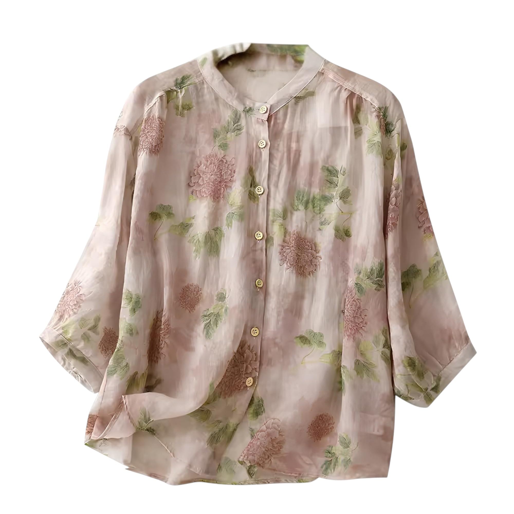 Women’s Light Rose Floral Printed Button Down Shirt with Mandarin Collar and Relaxed Fit 3/4 Sleeves