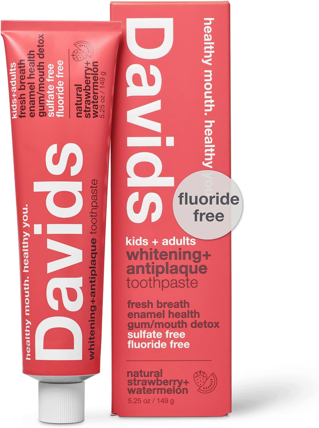 Davids Fluoride Free Kids & Adults Toothpaste, Teeth Whitening, Antiplaque, SLS (Sulfate) Free, Promotes Enamel Health, Mouth & Gum Detox, Natural Strawberry Watermelon, 5.25oz