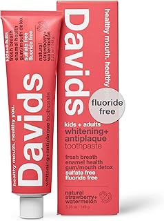 Davids Fluoride Free Kids & Adults Toothpaste, Teeth Whitening, Antiplaque, SLS (Sulfate) Free, Promotes Enamel Health, Mouth & Gum Detox, Natural Strawberry Watermelon, 5.25oz
