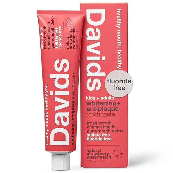 Davids Fluoride Free Kids & Adults Toothpaste, Teeth Whitening, Antiplaque, SLS (Sulfate) Free, Promotes Enamel Health, Mouth & Gum Detox, Natural Strawberry Watermelon, 5.25oz 1