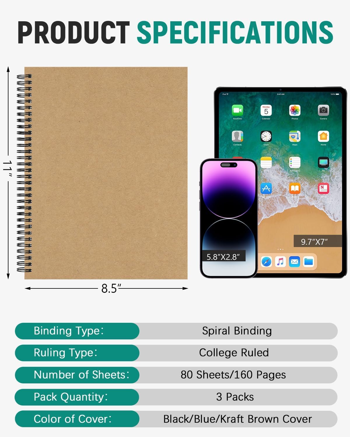 Dynta Paquete de 3 cuadernos grandes en espiral de 8.5 x 11 pulgadas, diarios rayados universitarios para el trabajo, la escuela, buenos para estudiantes y oficina, 160 páginas/80 hojas con papel