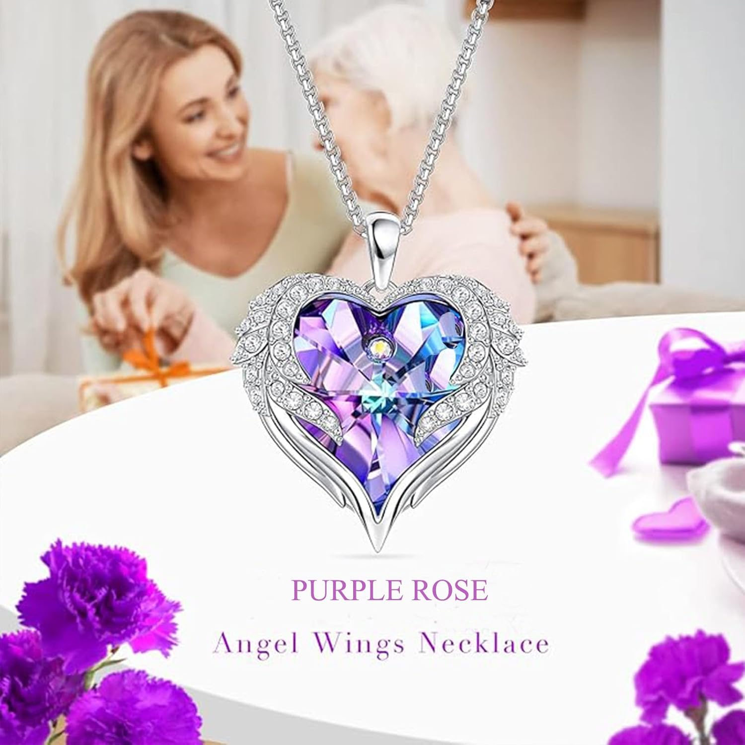 Preserved Real Purple Rose with Angle Wings Necklace, for mom,Birthday Gift for mom Wife Grandma Women,Forever Rose Flower Jewelry Box for her on Womens Day Valentines Wed Anniversary