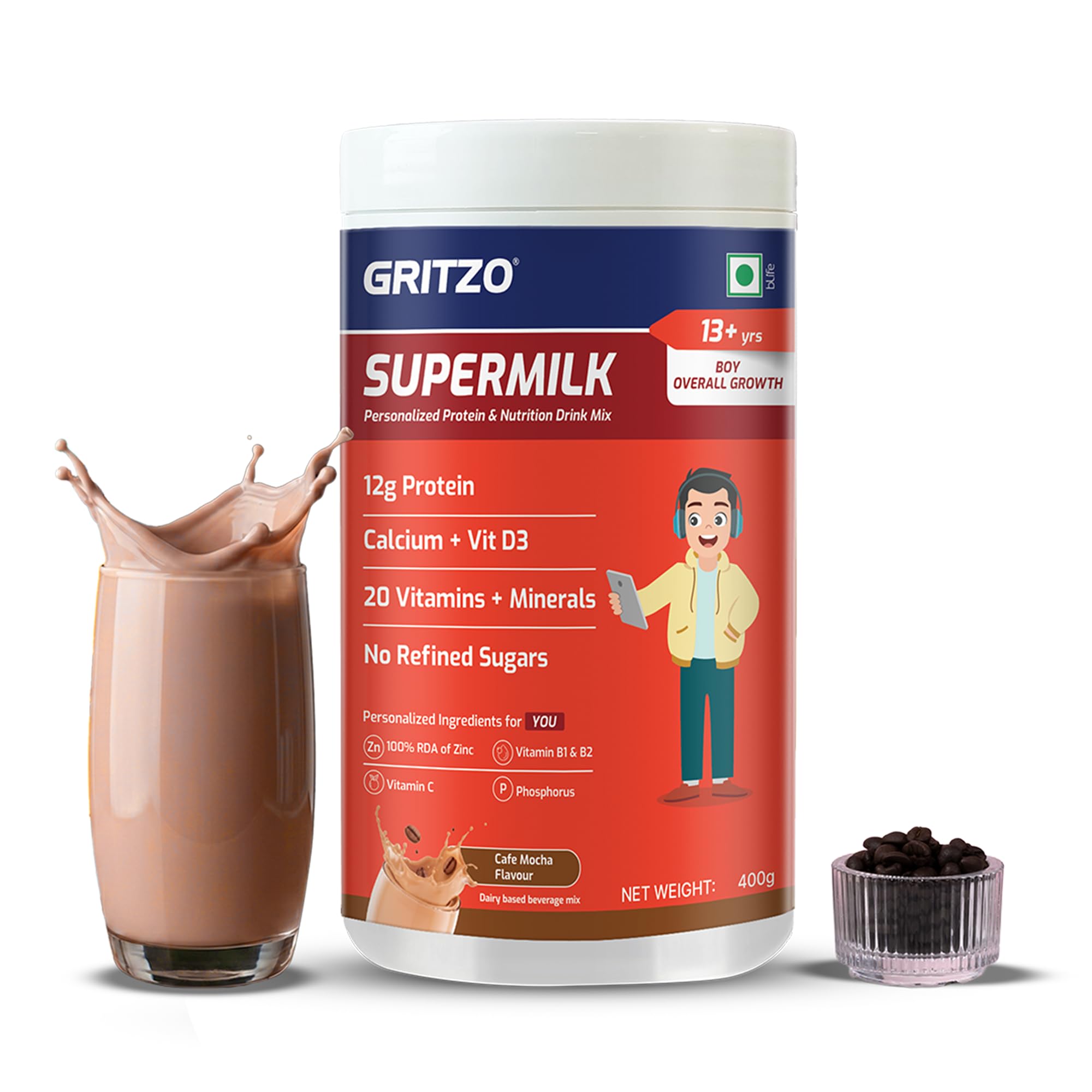 Gritzo SuperMilk Overall Growth (13+ Boy), Cafe Mocha, 400g | 12g Protein with 20 Vitamins & Minerals | Zero Refined Sugar-image-9