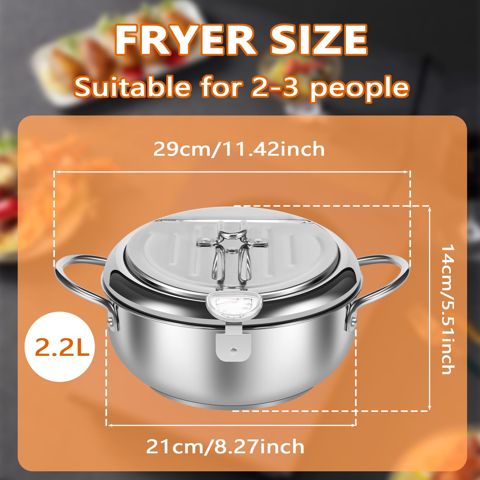 FALESOUL Deep Fryer Pot, 2Qt/8.2Inch Japanese Style Small Deep Fryer 304 Stainless Steel, Mini Deep Fryer with Thermometer, Lid, Oil Drip Drainer Rack for French Fries Fish Shrimp (2 Qt /8.2 Inch)