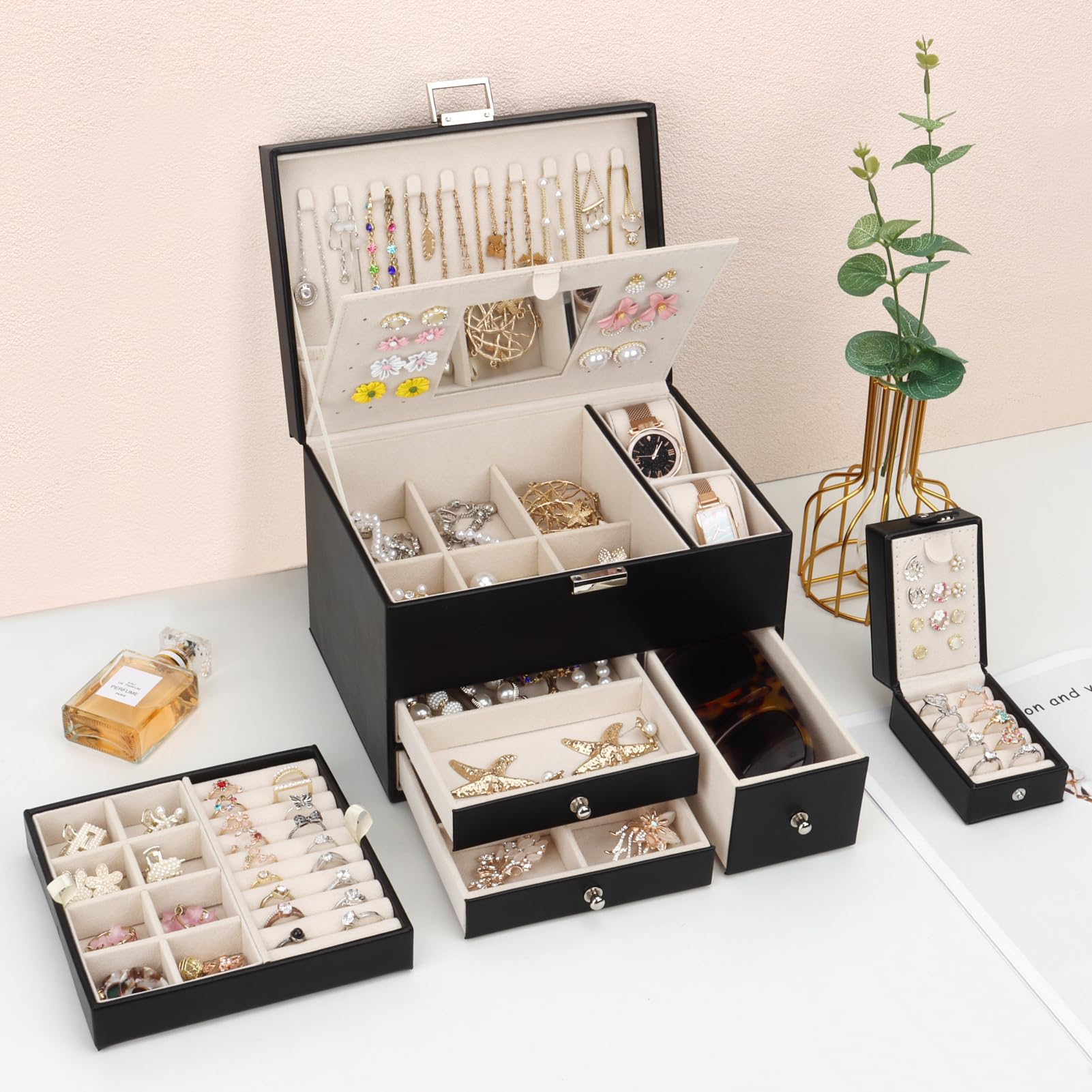 Caja Joyero de 3 Capas de PU, Joyeros Mujer Organizador Grande con Cajones, con Mini Caja Portátil para Viajar, Caja Organizador de Joyas para collares, pendientes, anillos, Negro