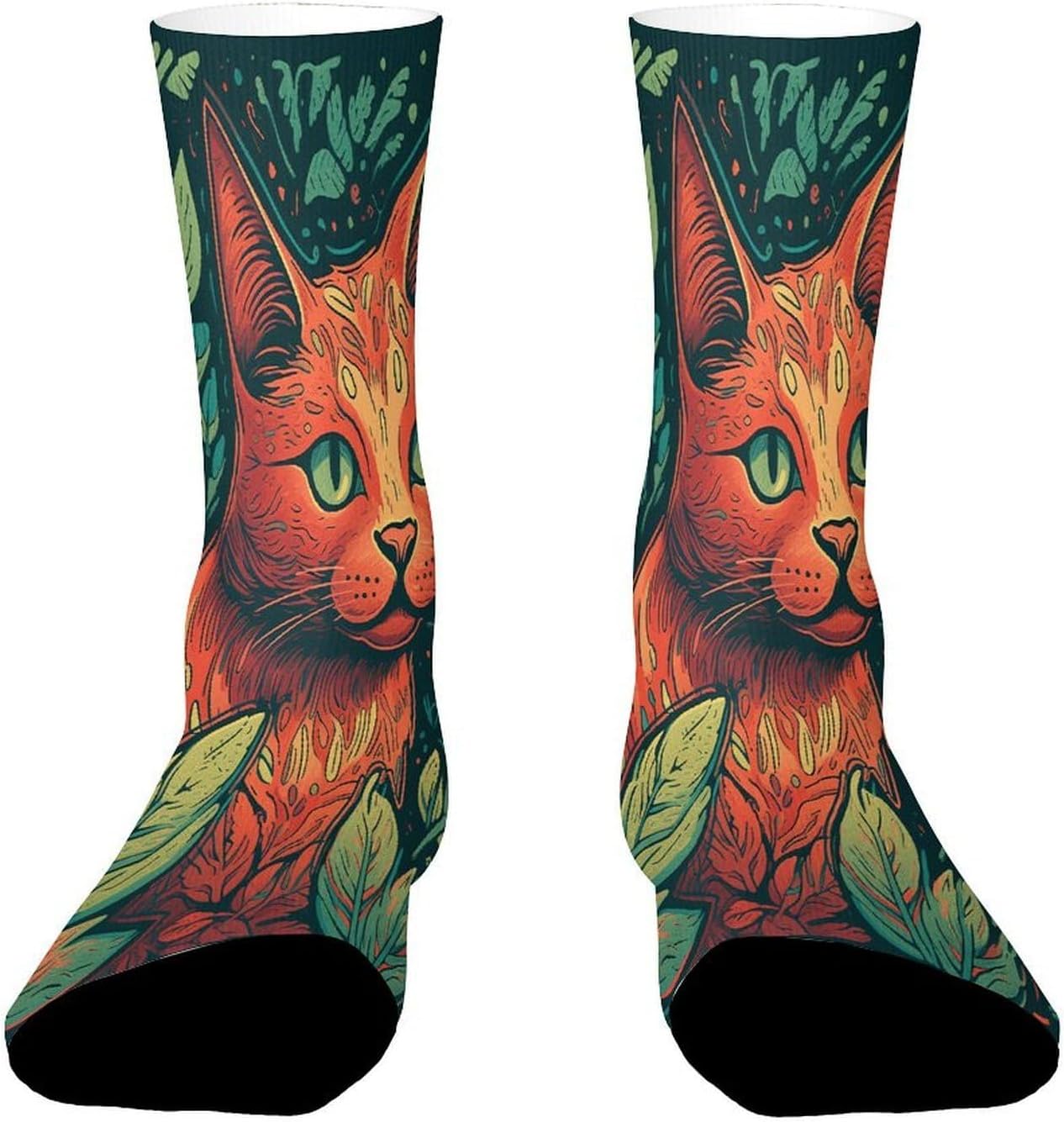 Green Leaf Cat Crew Sock High Stocking Grippy Socks | Socks for Men & Women,Stockings-Long Thin Tube Sports, Breathable Soft Athletic for Nurses,Travel