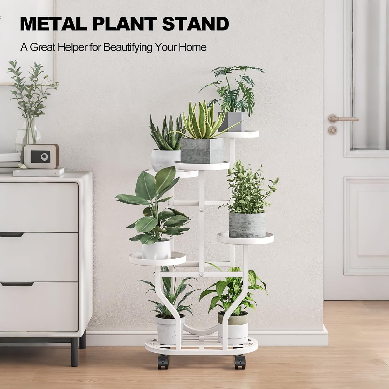 Plant Stand 5 Tier Indoor Outdoor Metal Flower Shelf with Wheels Multi Plants Holder Display Rack for Garden Patio Balcony Living Room White (White, 5 Tier)