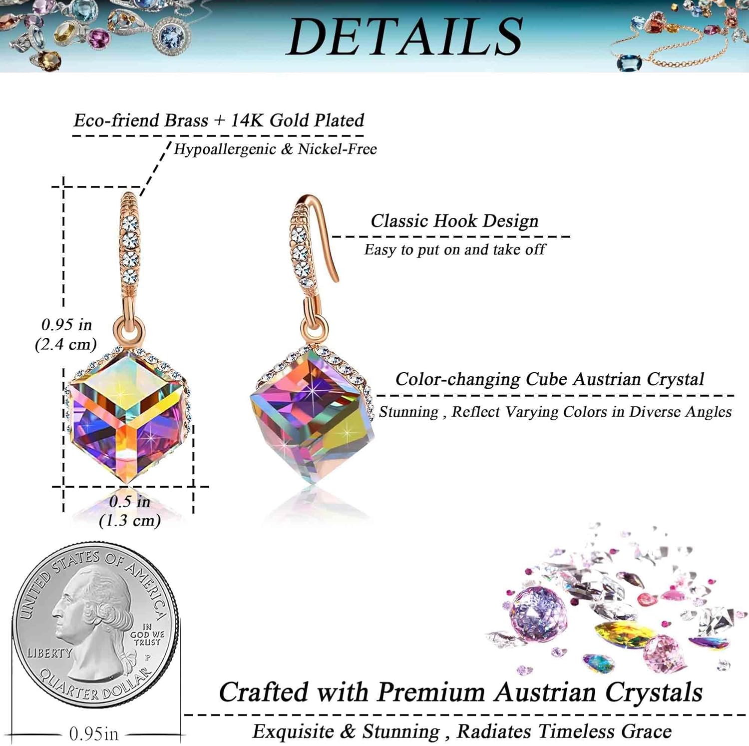 Austrian Crystal Cube Drop Dangle Earrings for Women 14K Gold Plated Hypoallergenic Jewelry - Image 4