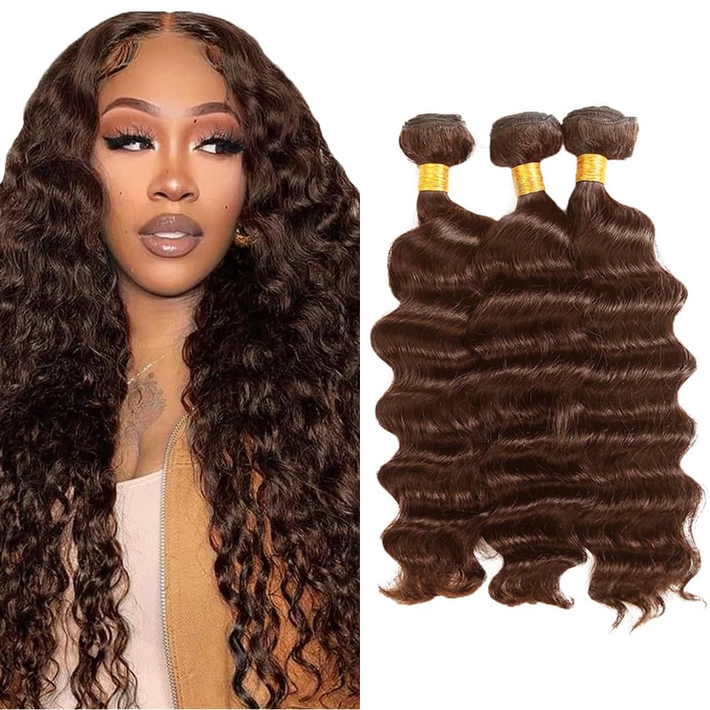 Creuost Human Hair Bundles Deep Wave 26 28 30 Inch #4 Chocolate Brown Color Natural Sew in Double Weft Weave Human Hair Extension For Woman Bundle/100g Total 300g
