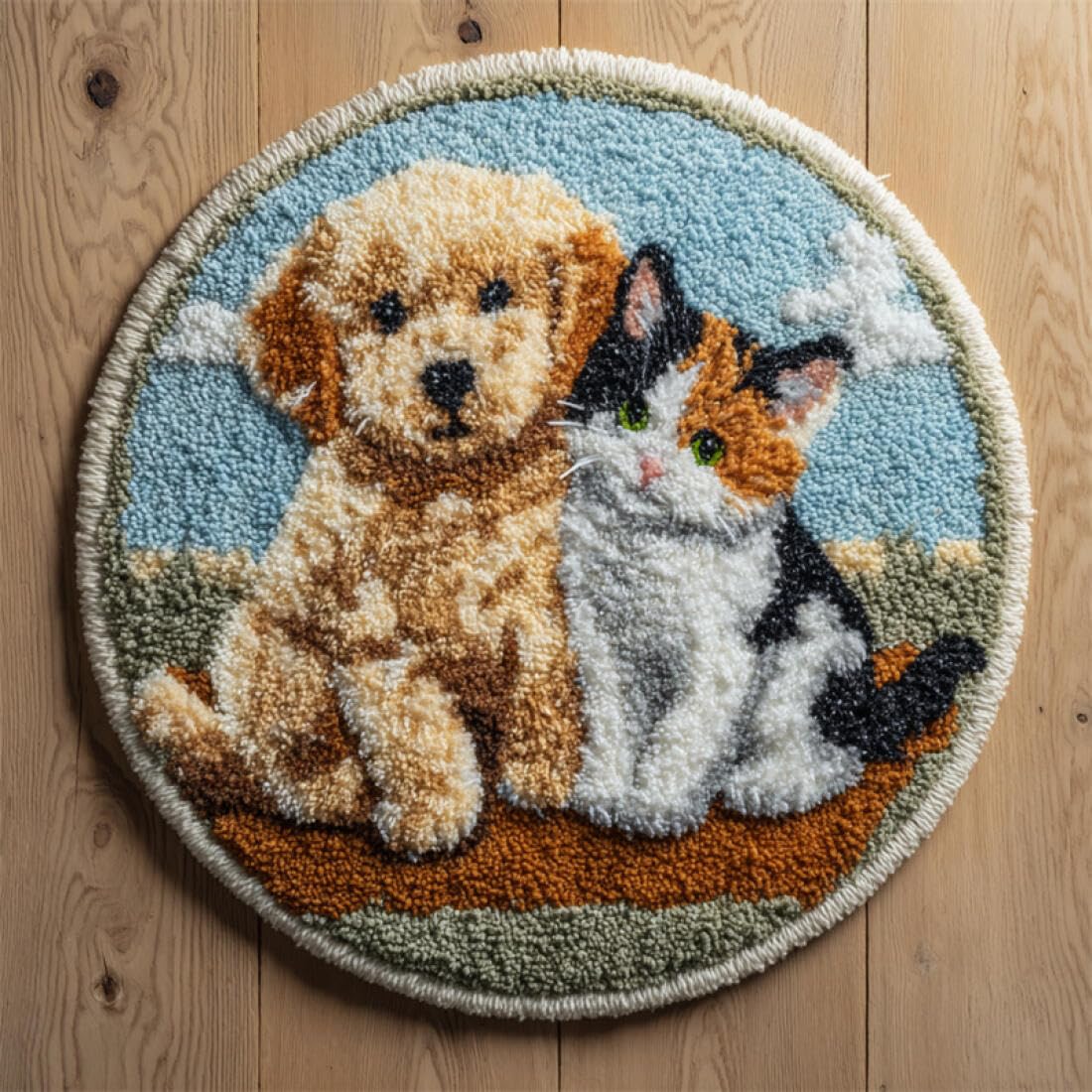 Rqwybcaxn DIY Rug Latch Hook Kits for Teens Animal Needlework Kit Cats and Dogs 80x80cm Round Tapestry with Crochet Hook Study Craft Gift