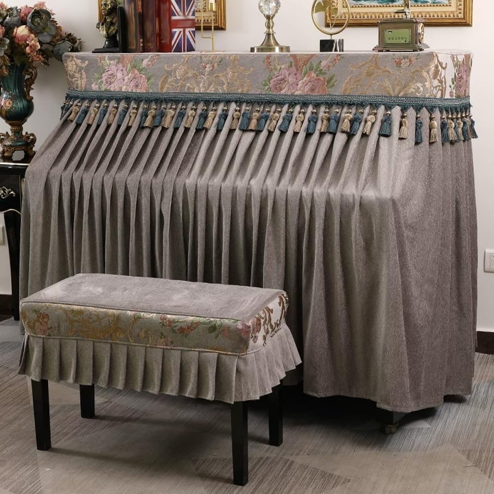 Copertura for pianoforte verticale, tessuto spesso grigio, protezione completa, design con apertura centrale for la maggior parte dei pianoforti verticali(Piano Cover+Single Bench Cover)