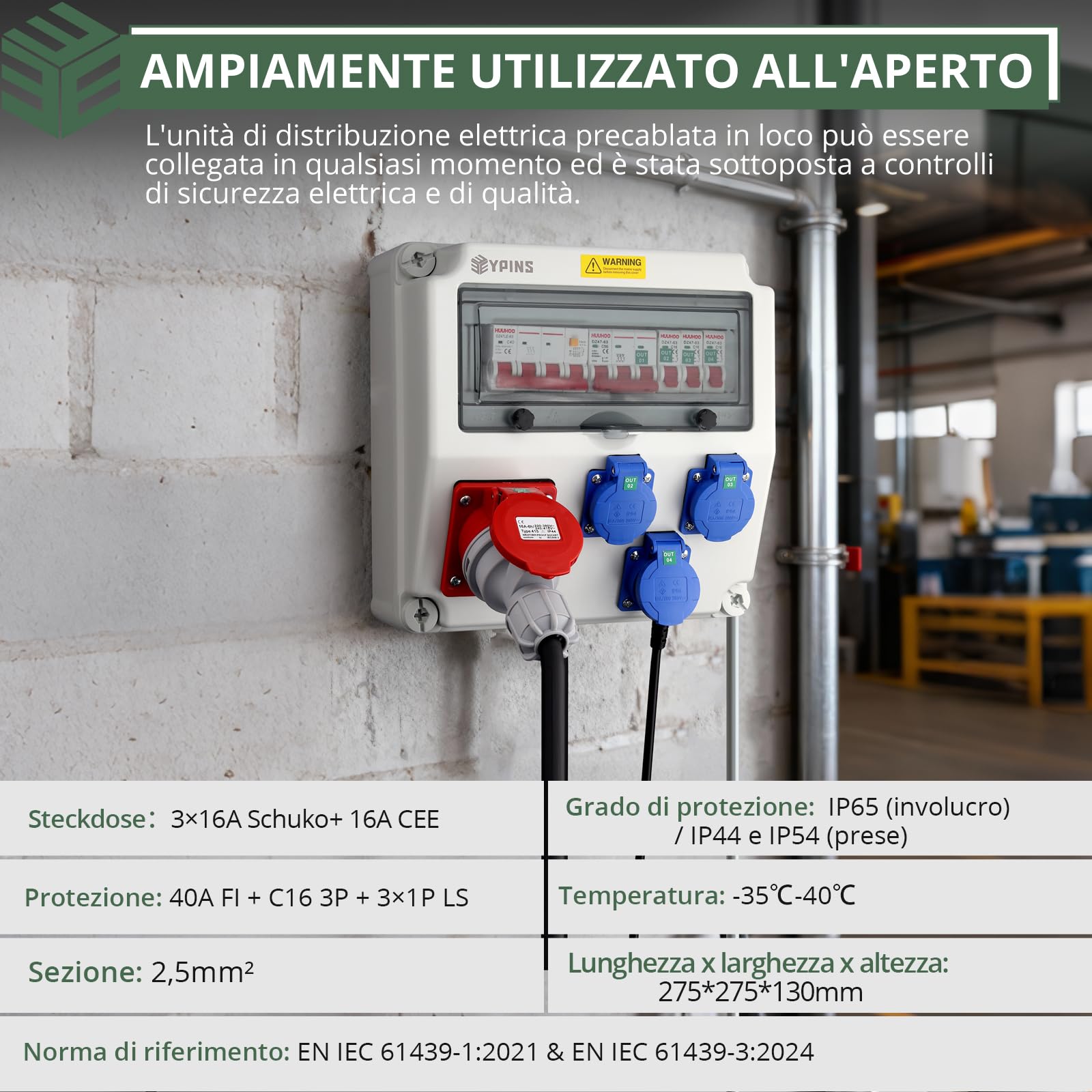 EYPINS Rozdzielacz prądu budowlanego z przełącznikiem LS, rozdzielacz ścienny 3 x 230 V Schuko, 1 x gniazdo CEE 16 A, rozdzielacz prądu IP66, trudnopalny rozdzielacz ABS, do warsztatów wewnętrznych i
