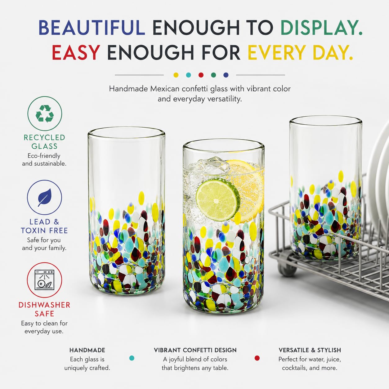 Lot de 6 verres à confettis mexicains multicolores de 473,6 g, faits à la
