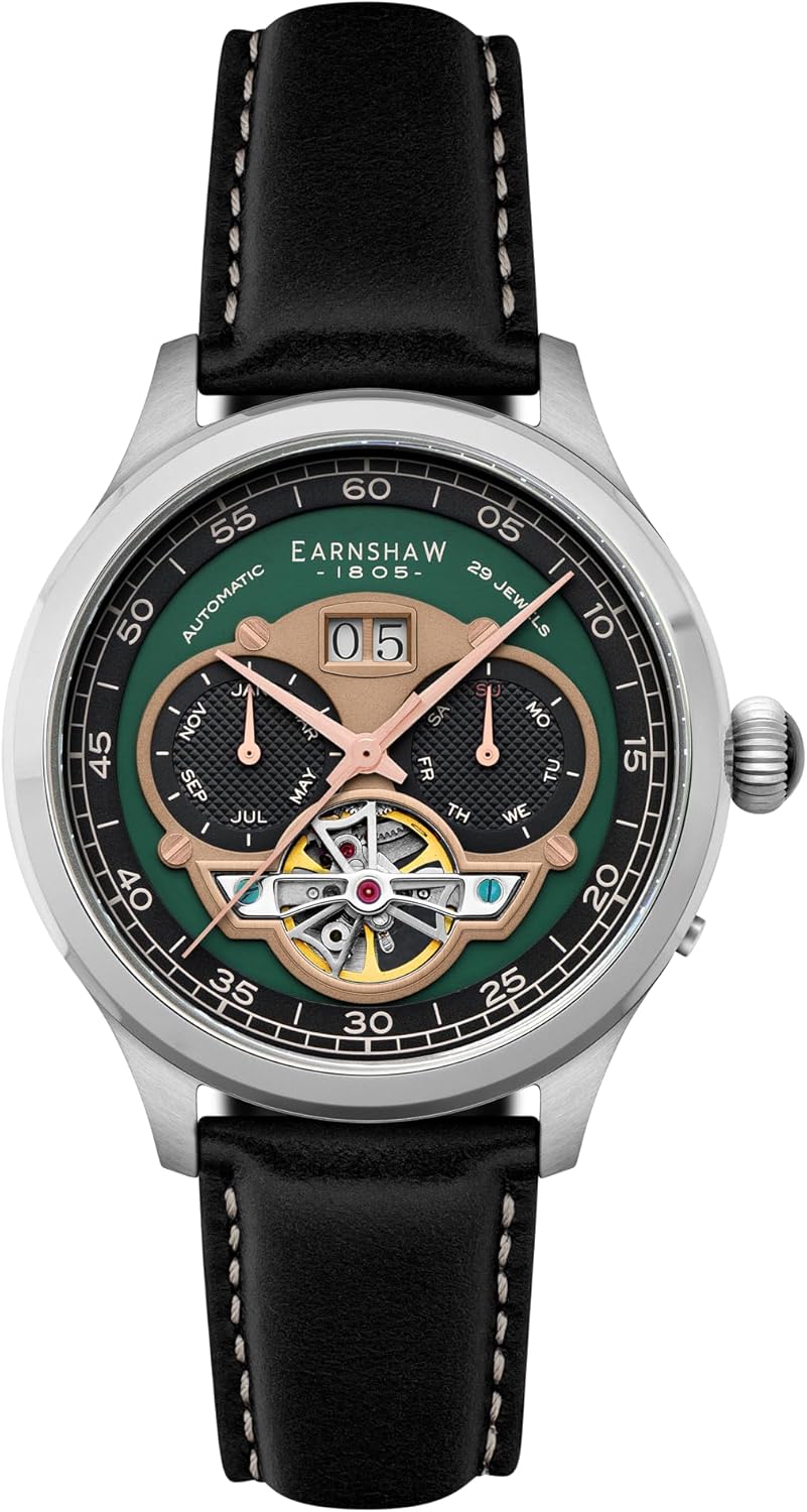 Thomas Earnshaw Baron Men's Watch – Automatic Open-Heart Movement, Grand Date Calendar, 43mm Stainless Steel Case, Leather Strap, 50m Water Resistant, ES-8187