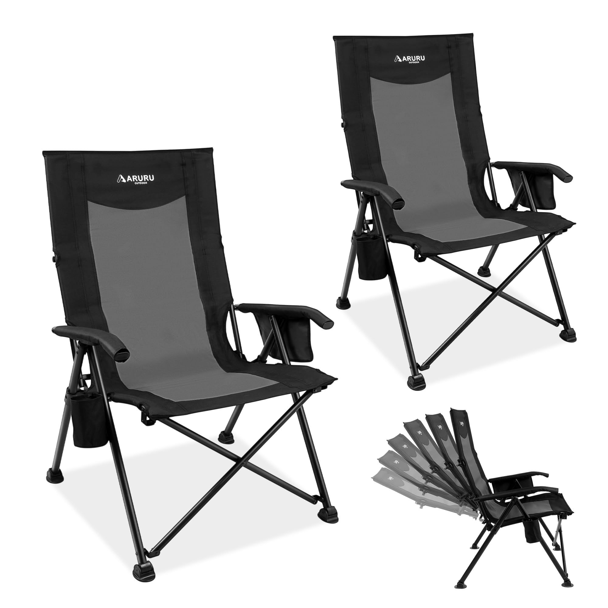 Campingstuhl Faltbar Klappbarer, 6-Fach verstellbare Rückenlehne, extra breiter Gartenstuhl für Erwachsene, tragbarer Strandstuhl, Belastbarkeit bis 136 kg(Schwarz und Grau, 2 Pack)