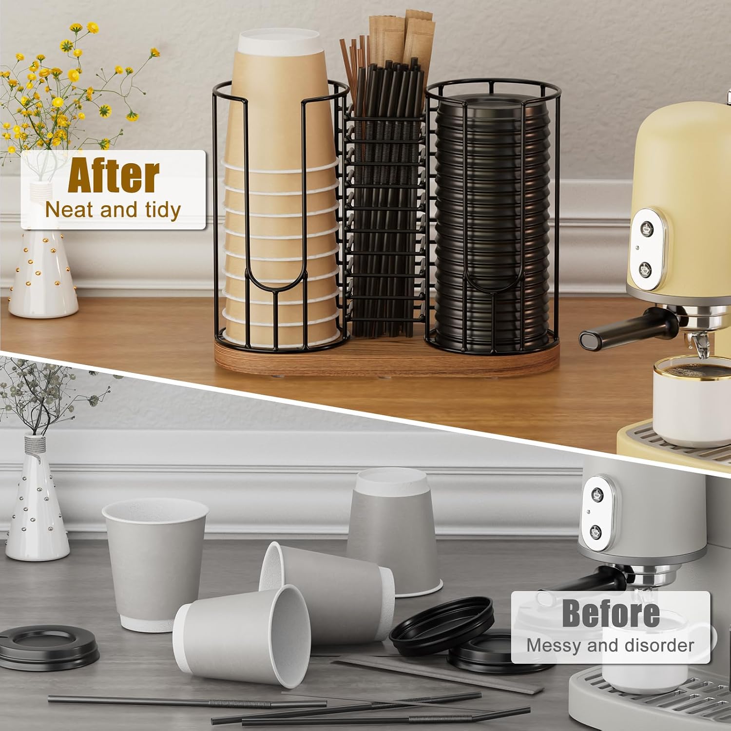 Coffee Cup Dispenser 18oz 3-Compartment Paper Cup and Lids Holder Rack | with Wood Base, Disposable Cups Organizer, 3-in-1 Plastic Straw Lid Storage Holder for Countertop, Coffee Bar, Kitchen,Office