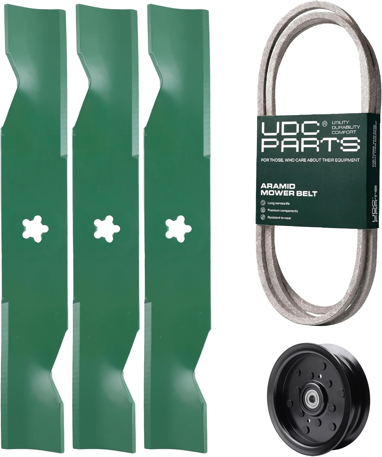 UDC Parts 144959/173920 + 532196106 Mower Deck Belt/High Lift Mulching Blades + Idler Pulley/Fits Husqvarna Craftsman Poulan