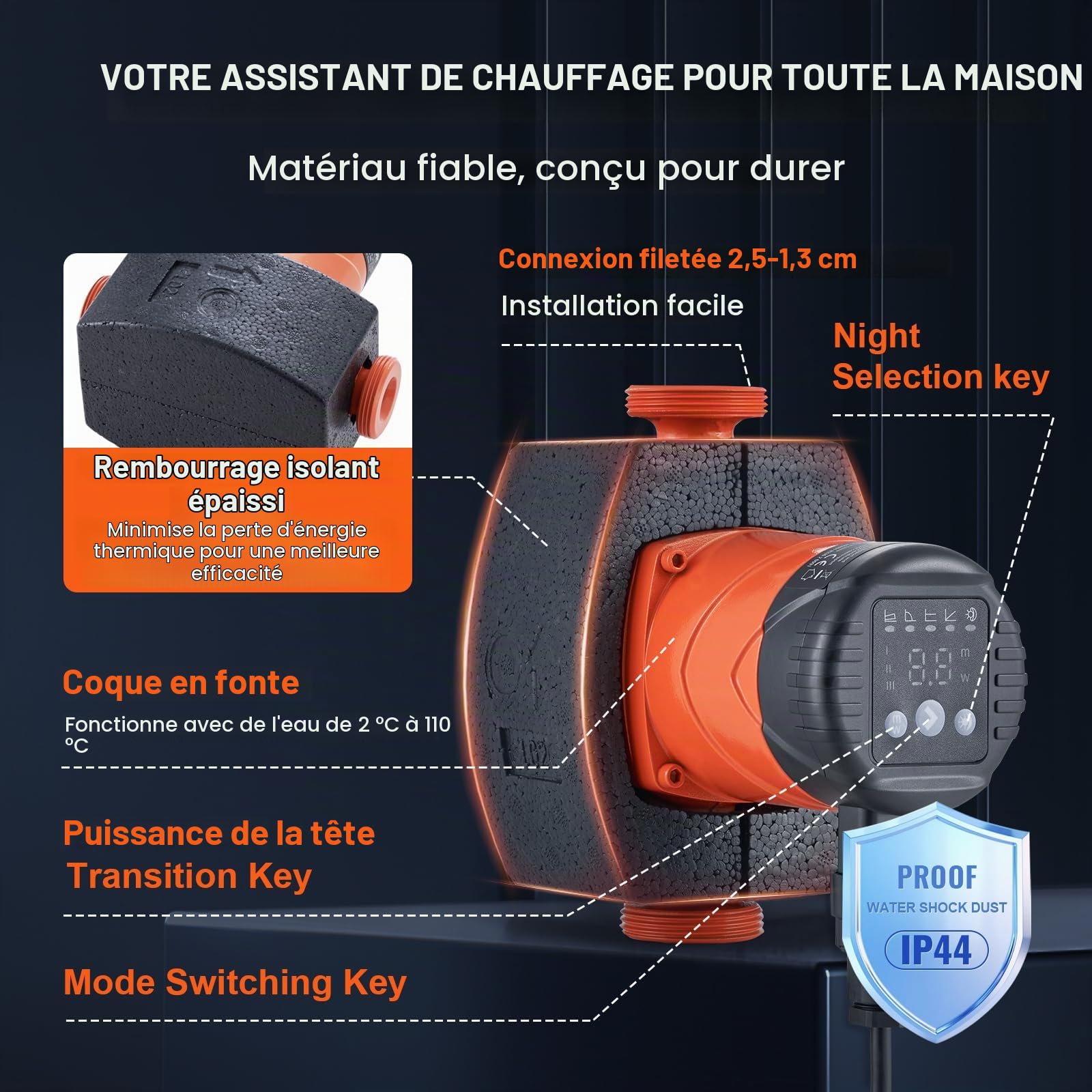 VEVOR Pompe de circulation d'eau chaude, LPS25-4BP-180, pompe de chauffage à haut rendement 50 L/min, pompe à eau automatique ECM, 220V 22W, hauteur de refoulement max. 4 m pour système de chauffe-eau