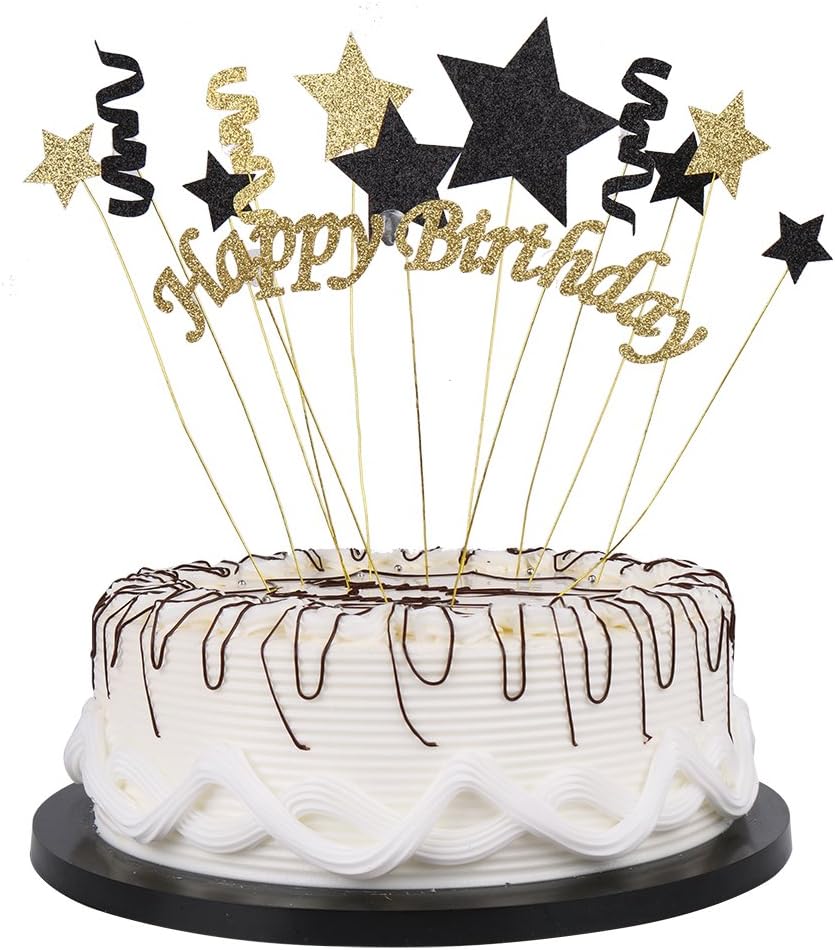 Handmade Black and Glod Glitter Pentacle Pentacle Cake Toppers Happy Birthday Cake Bunting Topper Paper, Birthday Party Decoration