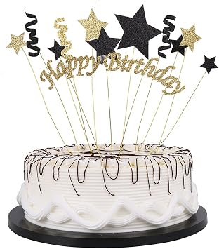 Handmade Black and Glod Glitter Pentacle Pentacle Cake Toppers Happy Birthday Cake Bunting Topper Paper, Birthday Party Decoration