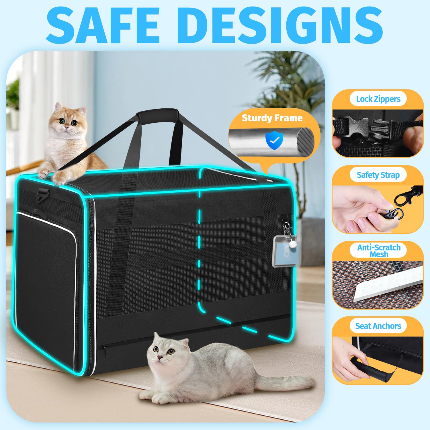 Petskd Große Haustier-Tragetasche, Tiertransporttasche, Tragetaschen für Katzen, 61 x 43,2 x 43,2 cm, für große Katzen, seitliche erweiterte Katzentrage mit Katzentoilette für Autoreisen, Schwarz