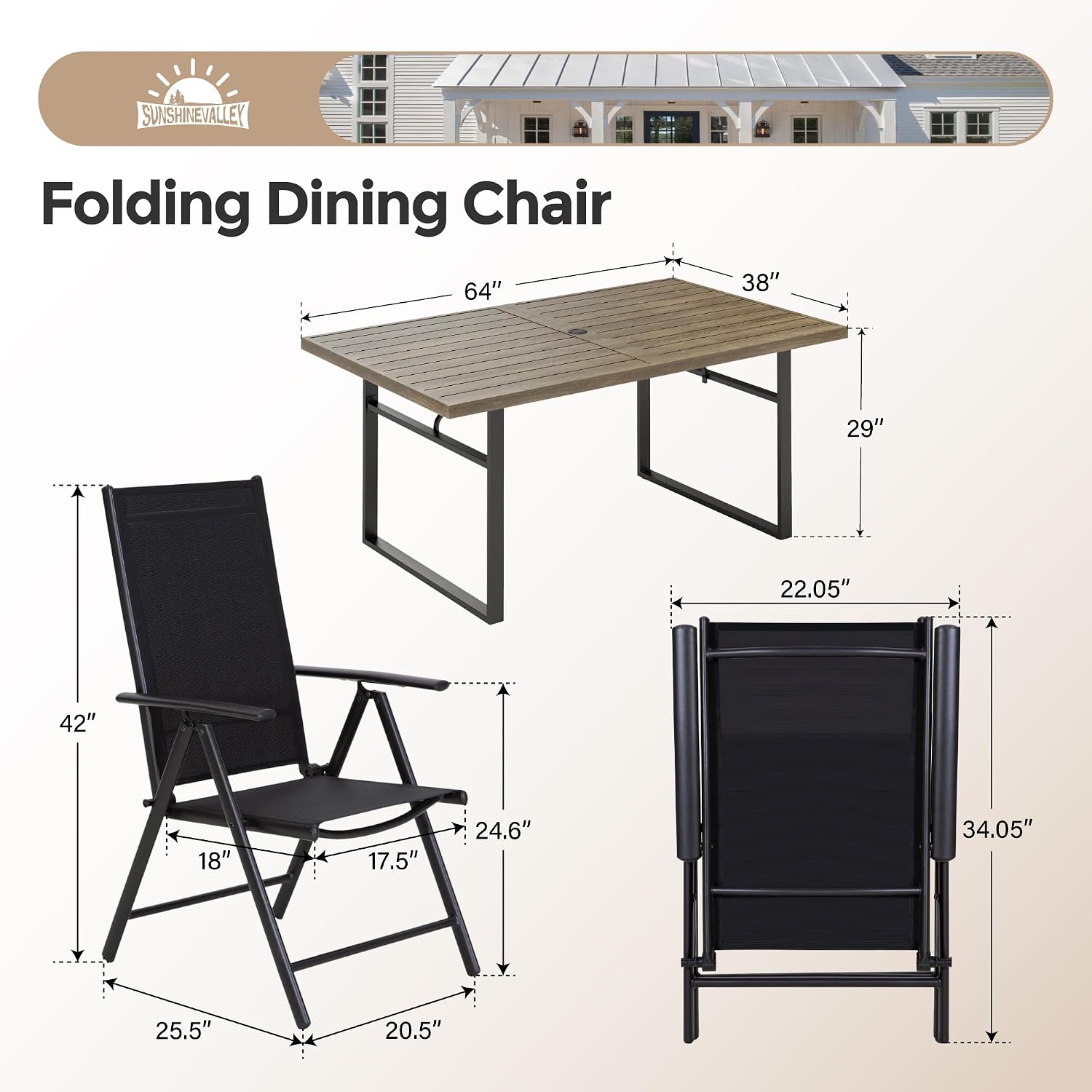 SUNSHINE VALLEY 7 Piece Outdoor Patio Dining Set for 6, 7 Levels Adjustable Foldable Patio Chairs and Patio Table with Umbrella Hole for Garden，Lawn,Deck and Backyard