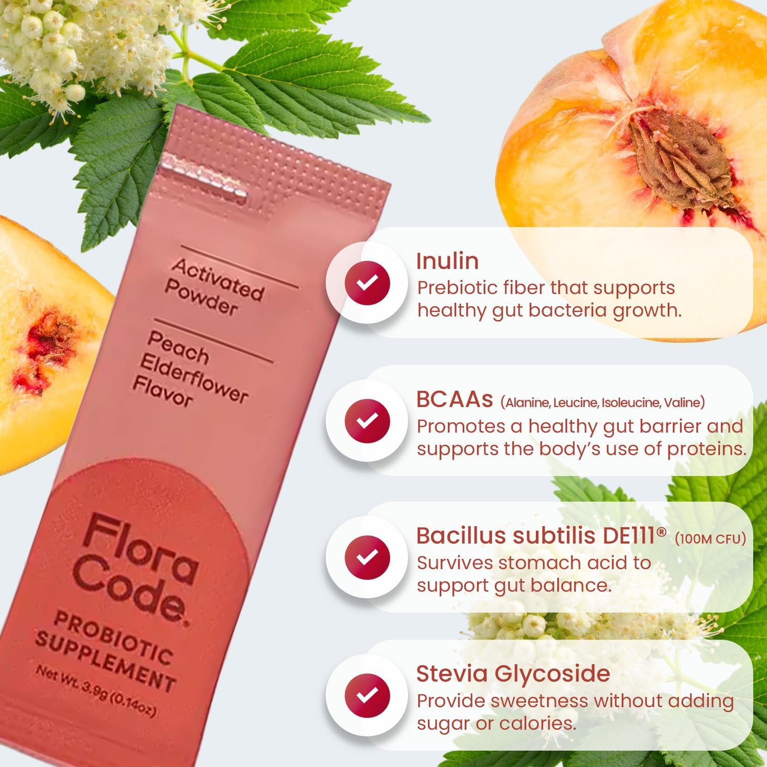 Probiotic Powder, Peach Elderflower Flavor, 30 Day Supply, with DE111 Bacillus Subtilis, Inulin and BCAAs