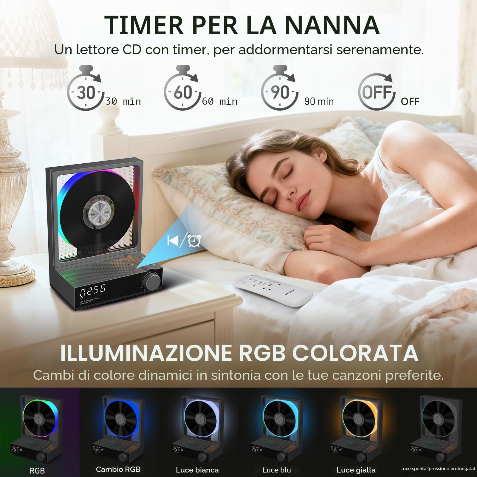 HOTT Lettore CD da scrivania con telecomando, lettore CD Bluetooth 5.3 con luci RGB, altoparlante HiFi, riproduzione di schede TF e trascrizione, schermo LED, timer (bianco)
