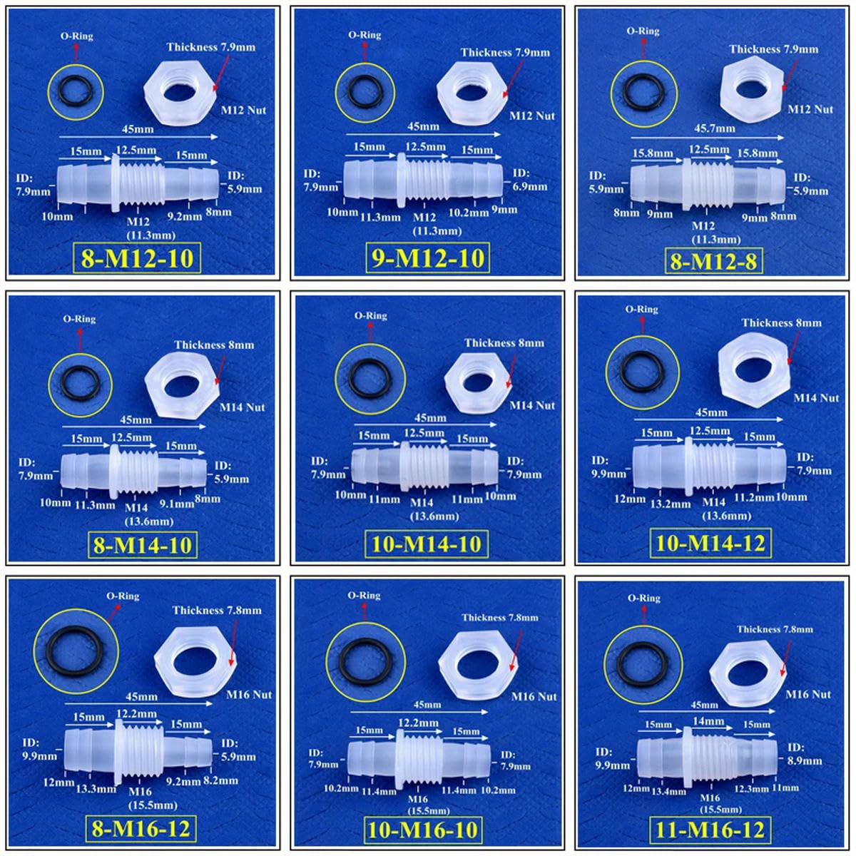 5 ~ 200 piezas M12~M16 a 8~12 mm PP conectores directos tuerca hexagonal junta tórica adaptador de bomba de aire tanque de acuario junta de manguera de agua de riego, 200 piezas con tuerca-9-M12-10