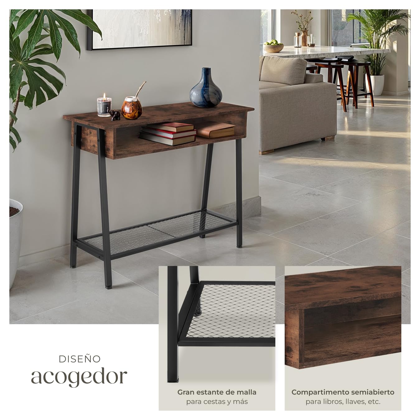tectake® Mesa Consola de Estilo Industrial, Estante de Rejilla, Espacio de Almacenamiento, Mueble Auxiliar Salón, Aparadores para Salon - 100 x 35 x 80,5 cm Madera Industrial Oscura, Rústica