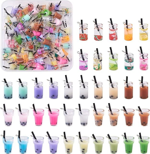 Craftdady 100pcs Mini Resin Bubble Milk Tea Bottle Charms Beads Figurine Fruit Tea Necklace Earring Dangle Pendants for DIY Crafts Hanging Keychain Bag Decoration