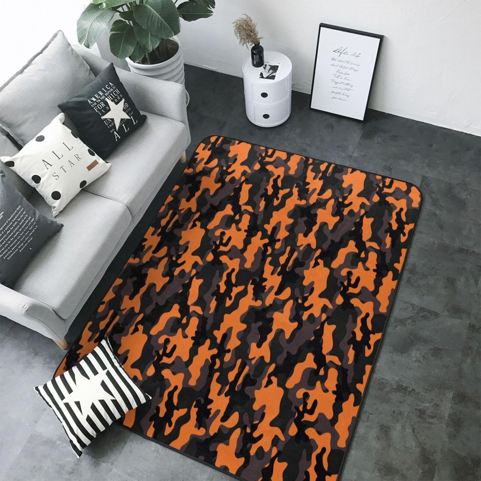 Tapis d'intérieur lavable style camouflage orange pour salon chaleureux