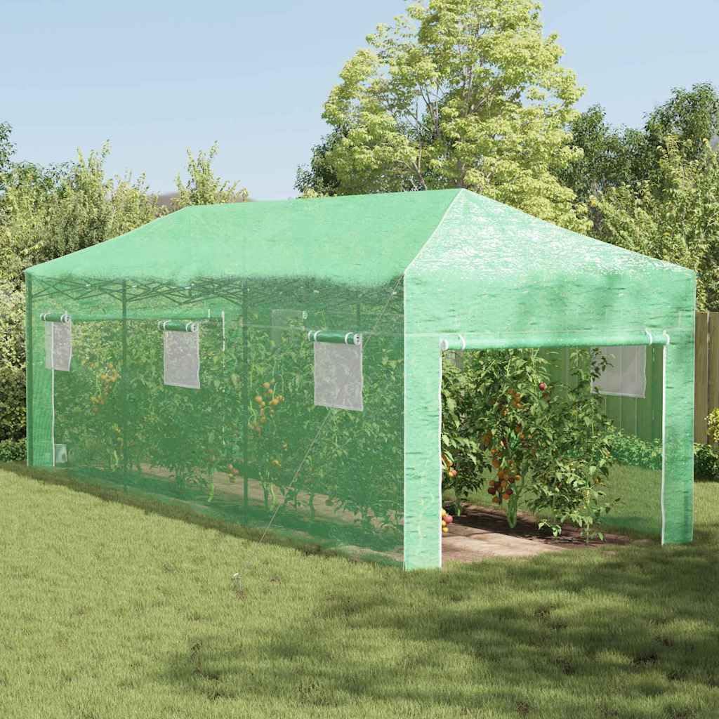 Begehbares Gewächshaus mit Eisenrahmen, Grün, 290 x 870 x 315 cm, faltbar, halbtransparente Polyethylenabdeckung, robuste Konstruktion für Pflanzenpflege, einfache Montage,