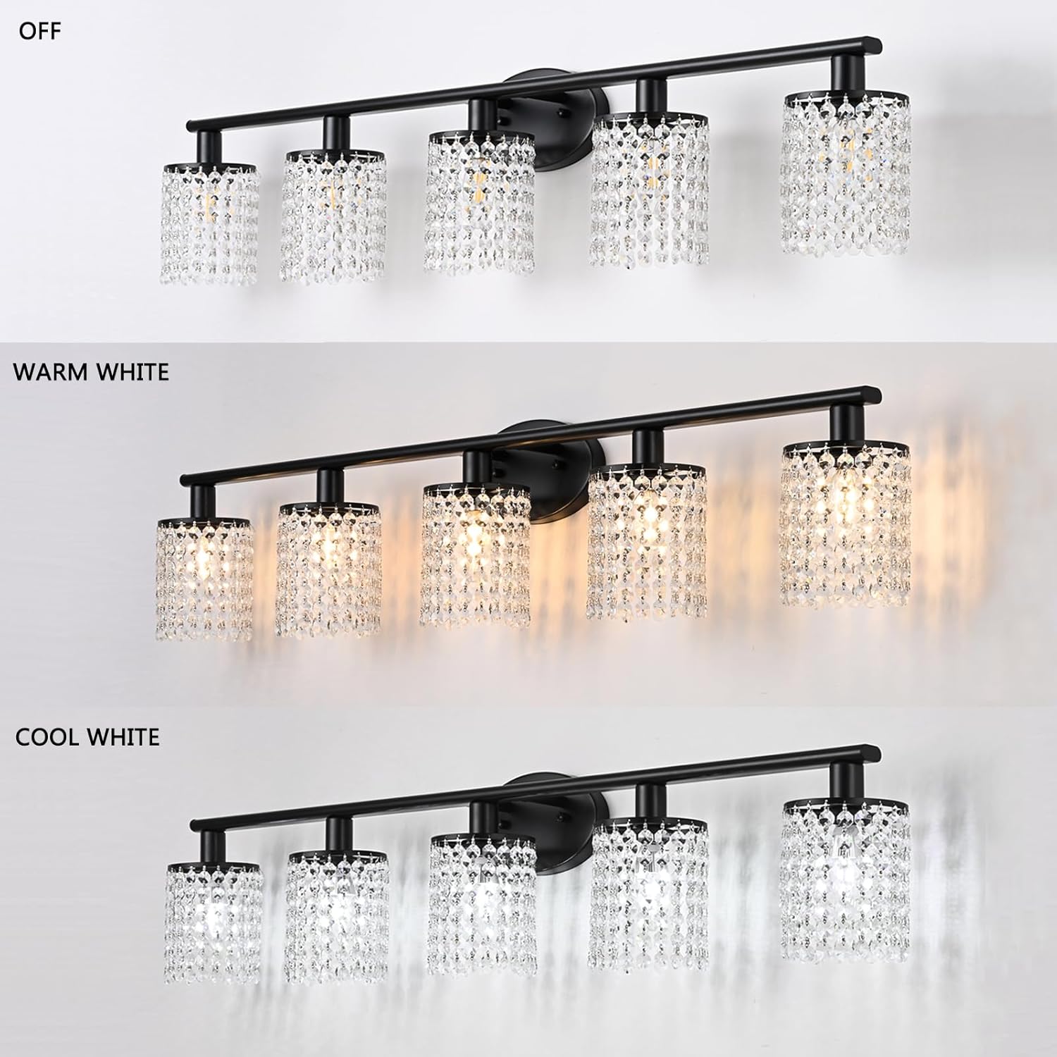 5-Light Bathroom Light Fixtures,Crystal Black Vanity Lights for Bathroom,Modern Bathroom Lights Over Mirror, Black Vanity Light Fixtures