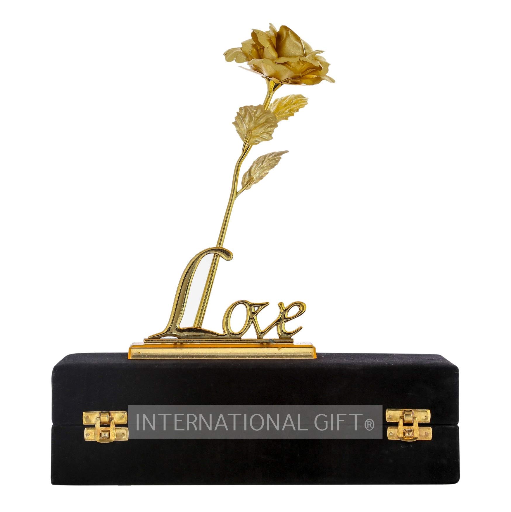 INTERNATIONAL GIFT® Golden Rose Flower with Golden Leaf with Love Shape Stand and Luxury Black Gift Box-image-34