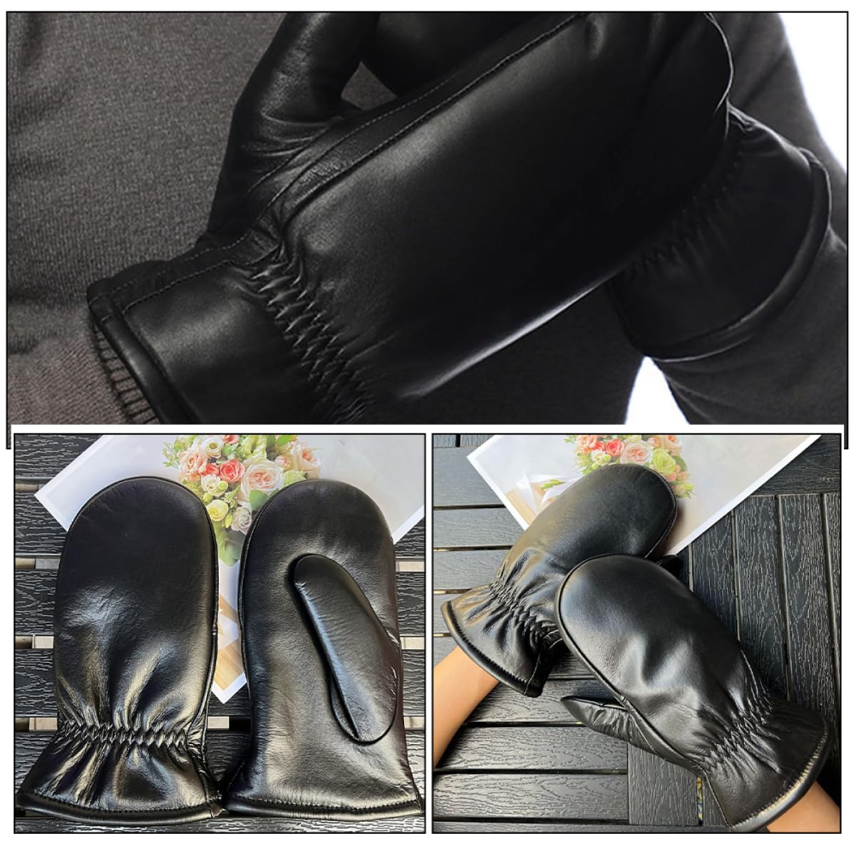 Muffole da Donna in Lana e Cuoio Nere, Extra Calde | Design senza Dita, Uso Quotidiano e Sport All'aperto, Stile Fashion, Comfort Termico per Giornate Fredde