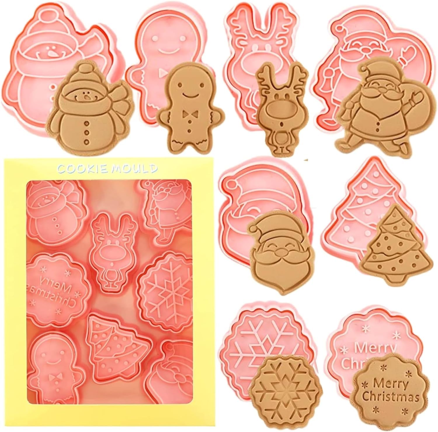 8 PCS Christmas Cookie Cutter Set with Plunger Stamps – Includes Gingerbread Man, Snowman, Santa Claus, Reindeer, Tree, Snowflake, Santa Claus Face and Merry Christmas Designs (Pack of 1)