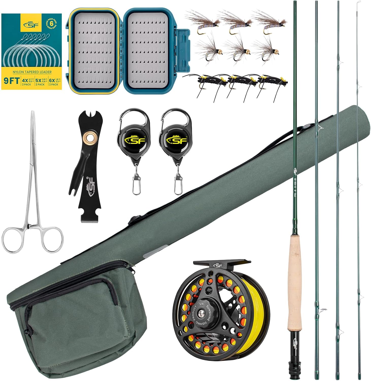 SF Fly Fishing Rod Combo Starter Kit Semi Gloss Green Jade Finish 24T Carbon Fiber Trout Travel Fly Rod with Reel,Fly Rod case,Fly Box , Flies,Tapered Leader,Knot Tying Tools
