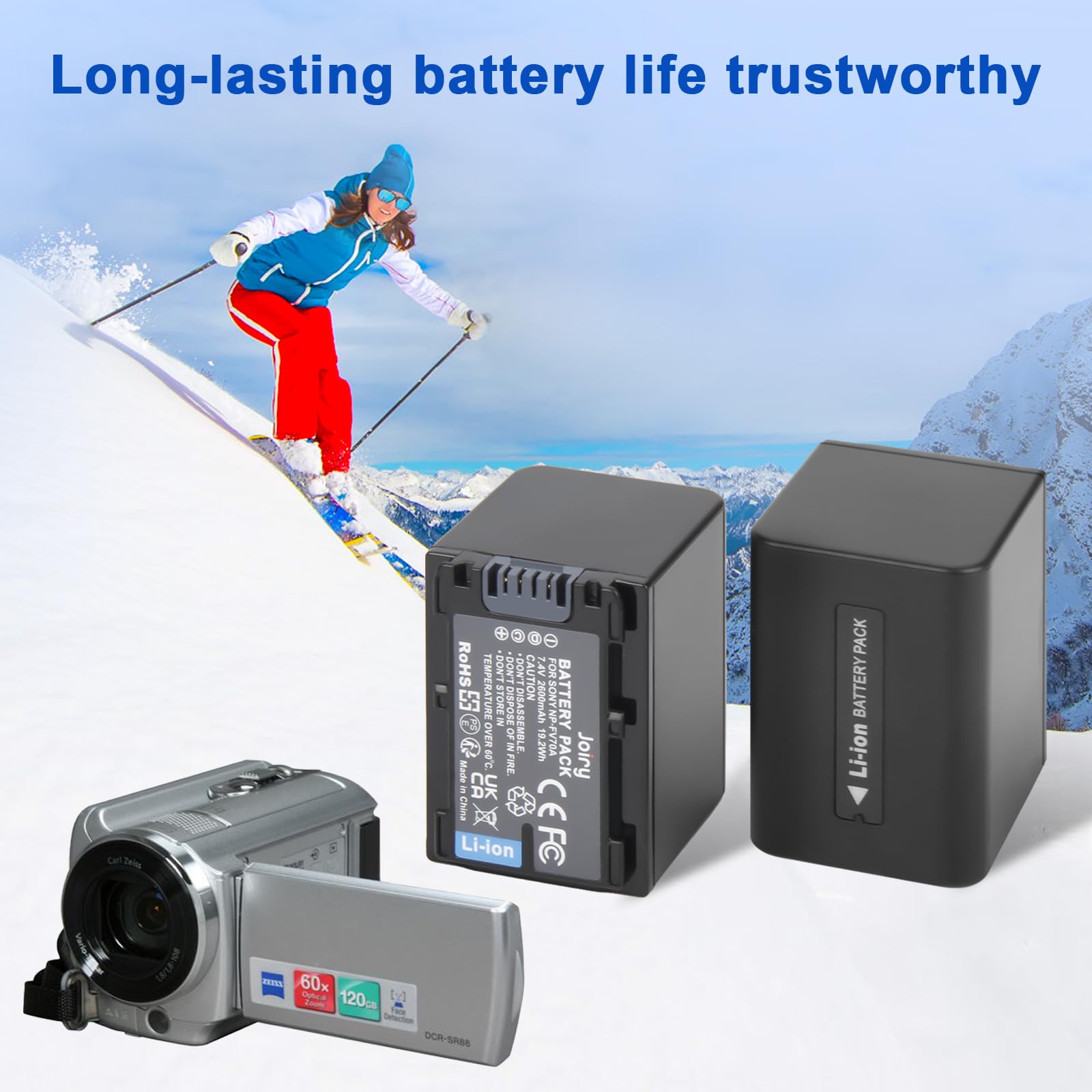 2X NP-FV70 NP-FV70A Batterie de Rechange et Chargeur Double Compatible avec Sony DCR-SR88/SR15/SX21/SX44/SX45/SX63/SX65/SX83/SX85,FDR-AX100,HDR-CX150/CX155/CX160/CX190 caméra