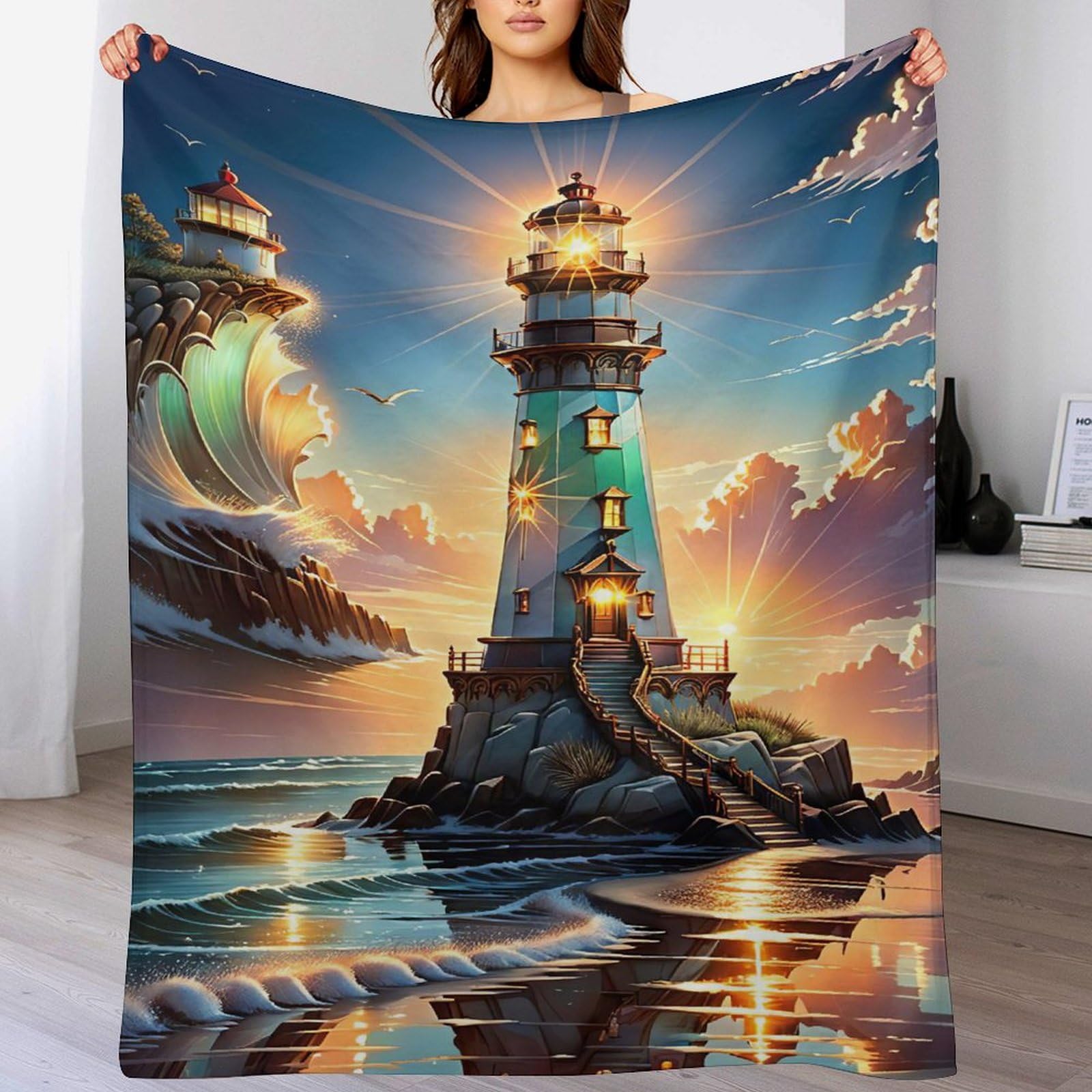 Couverture 4 saisons en flannel douce Phare pour lit et jeté de canapé chaud 130x150cm