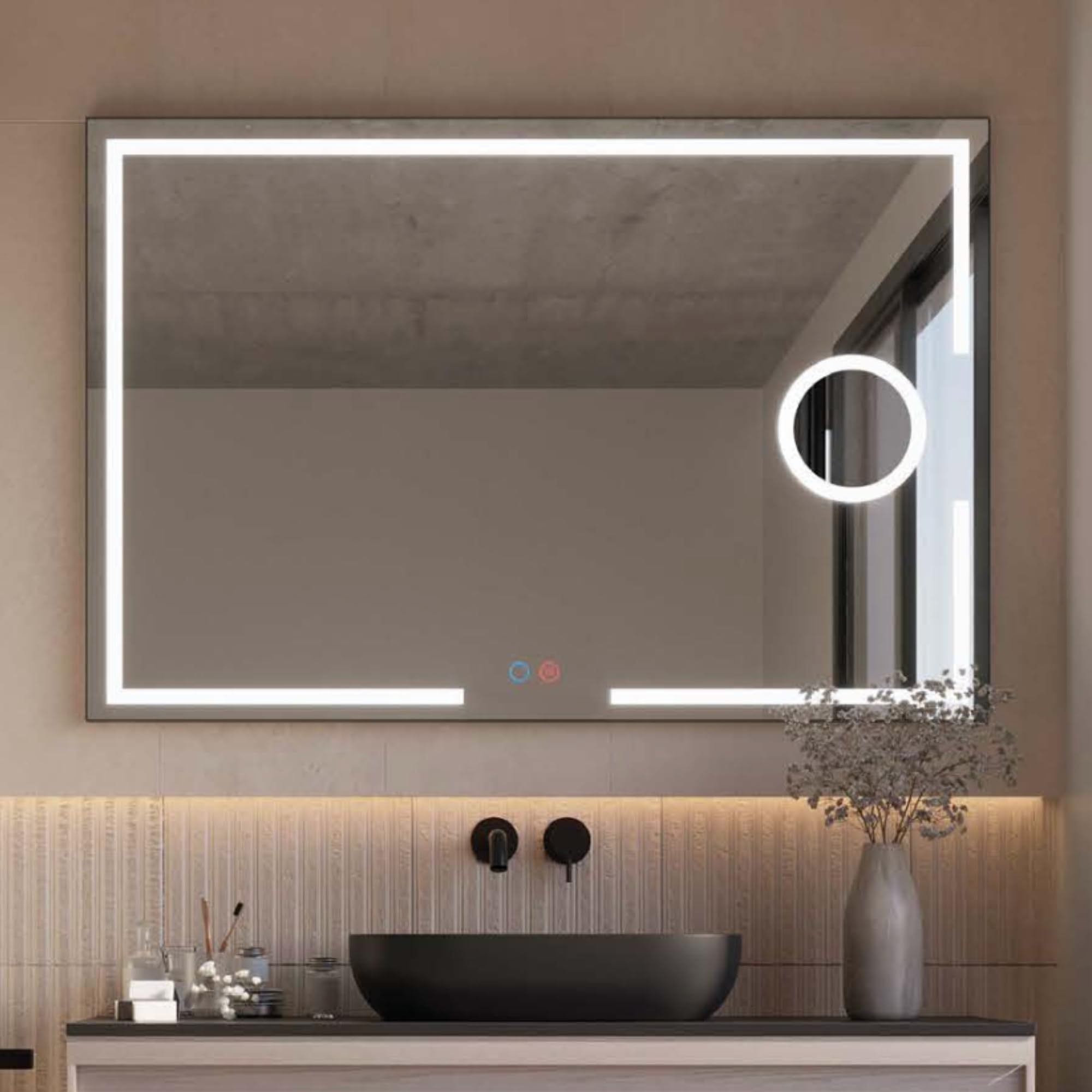 NOLUXA LEDIMEX - Espejo Baño 90x80cm con Luz LED, Antivaho y x3 de Aumento | Espejo Inteligente con Luz Frontal Tri-LED (Cálida, Neutra y Fría), Regulador de Intensidad y Sensor ON/Off | Serie Malta