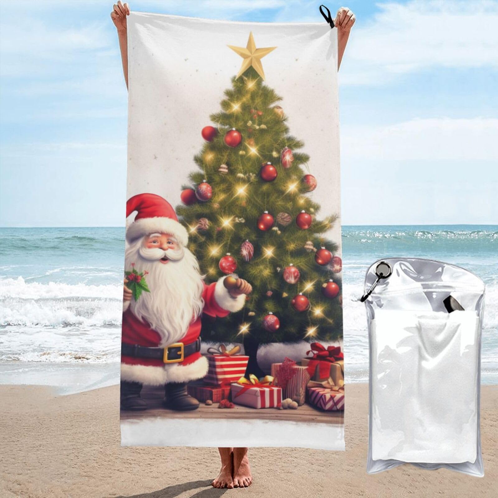BWWHCCTI Christmas Tree Santa Claus Printed Microfiber Quick Dry Beach Towel 70x140 CM, Fast Drying Bath Towels with Bags for Travel,Camping,Gym,Beach,Swimming,Yoga