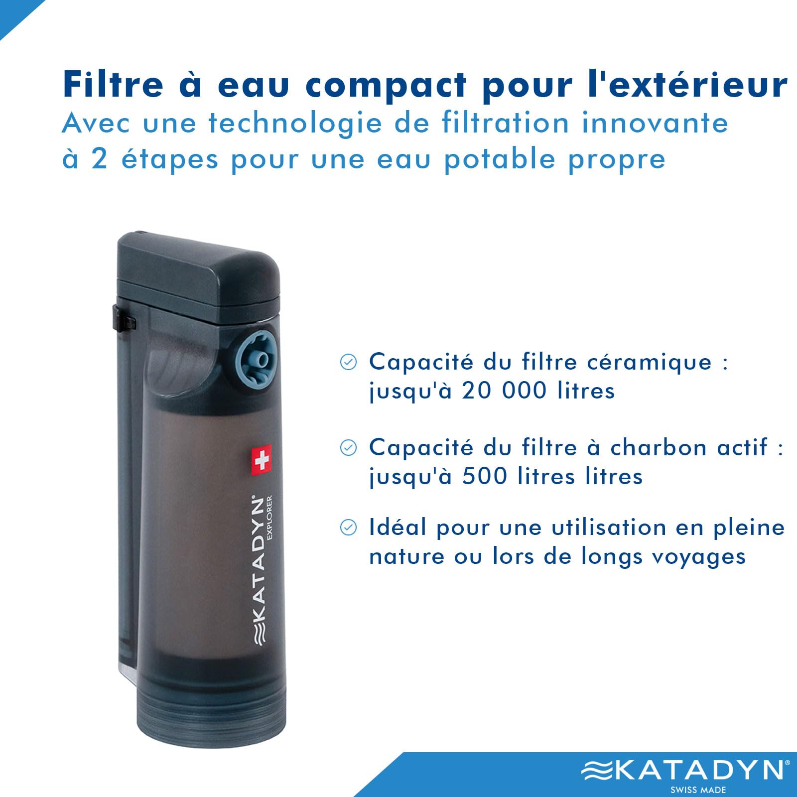 Filtre à eau Katadyn Explorer Outdoor à 2 étapes en fibres creuses | Camping, randonnée, expédition, voyage, survie en milieu naturel | Céramique + charbon actif | Jusqu'à 20 000 litres