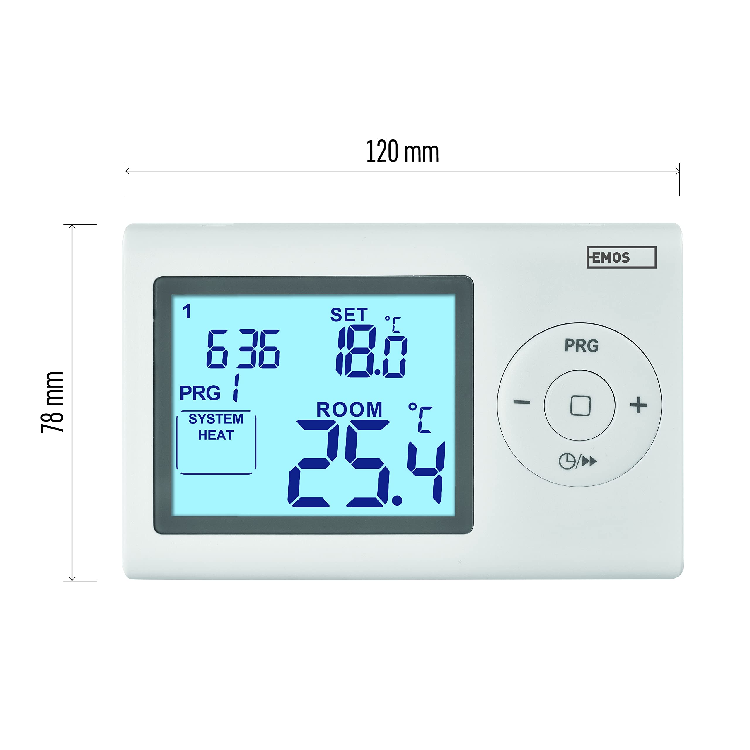 EMOS termostato Digital LCD programable, con Cable, 5–35 °C, calefacción/refrigeración, Montaje en Superficie, protección antihielo, batería incluida, Blanco
