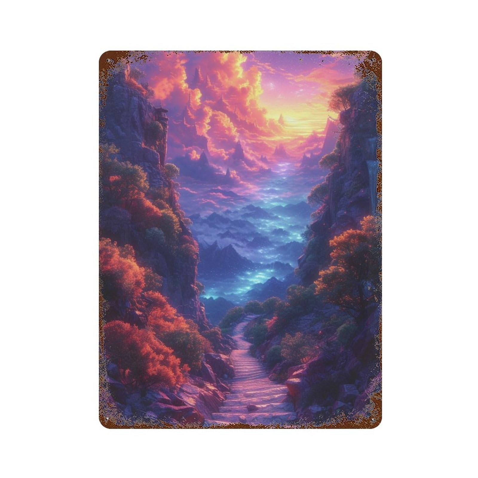 Enchanted Mountain Pathway Rust Effect Tin Sign 15.7"x11.8", Vintage Wall Decor for Pub, Kitchen And Man Cave Decor