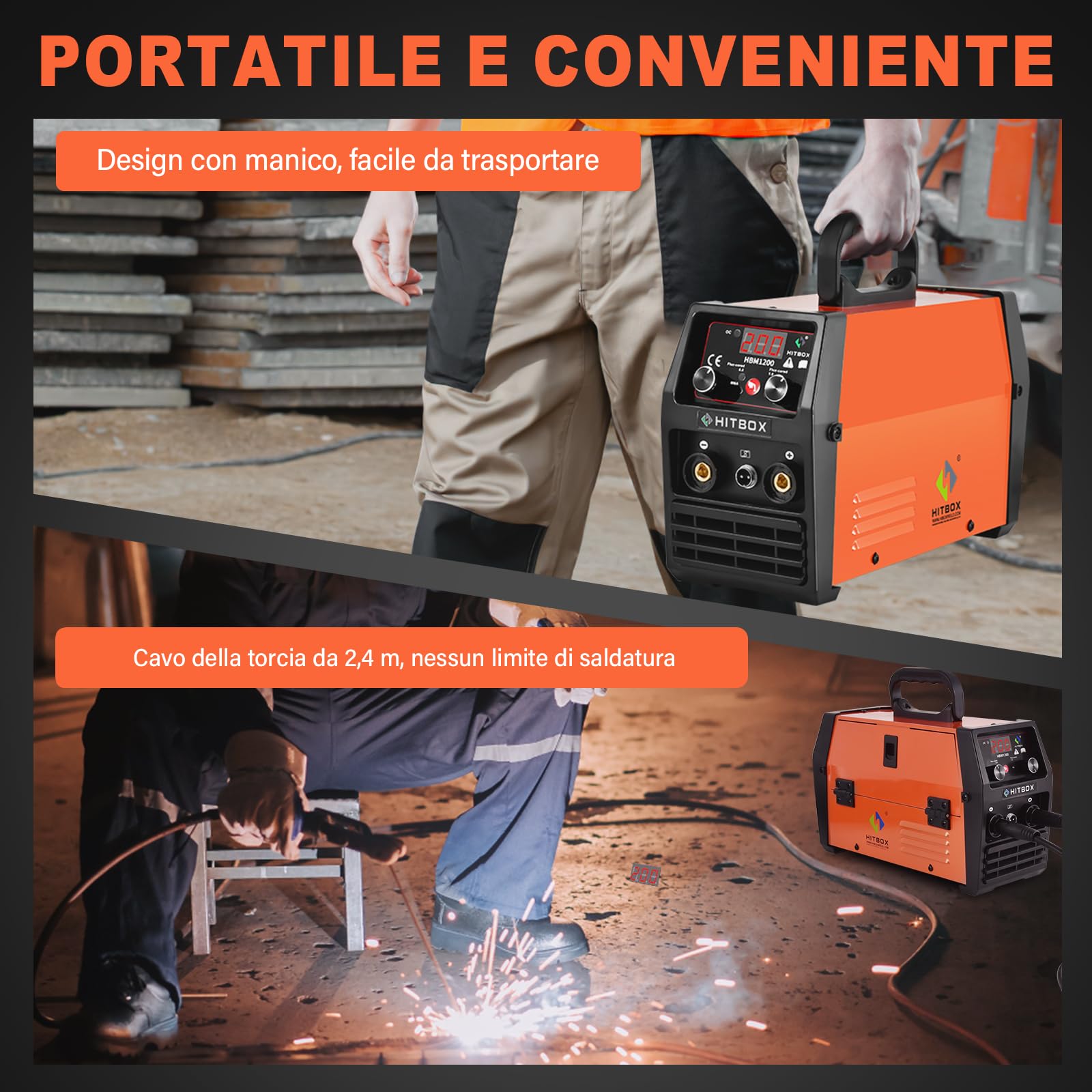 HITBOX Saldatrice a Filo Continuo 200A, 3-in-1 Saldatrice MIG/ARC/LIFT TIG, Inverter Portatile 230V IGBT con Torcia e Filo Ø0,8mm, Ideale per Principianti (HBM1200)